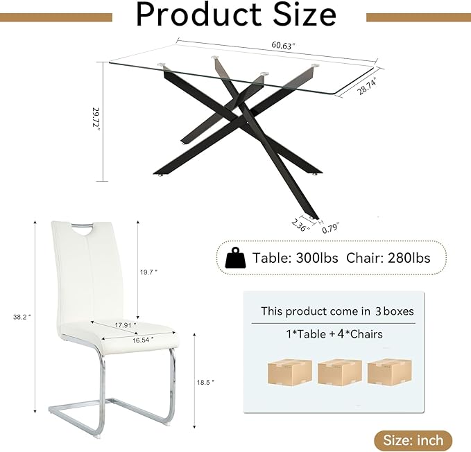 Modern Glass Dining Table Set for 4, Black Glass Kitchen Table and Chairs Set of 4, 5 Piece Dining Room Table Set with 61" Rectangular Metal Glass Dinner Table and 4 White Leather Dining Chairs