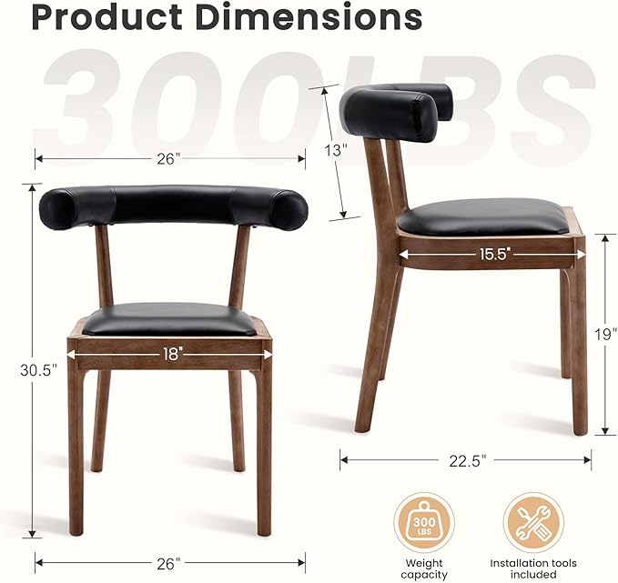 Kmax Dining Room Chairs Mid-Century Modern Leather Kitchen Chairs with Natural Walnut Finished Frame, PU Curved Back, Set of 6, PU Black