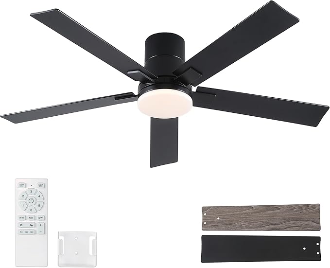 Rayqueen 52 Inch Ceiling Fans with Lights and Remote,Flush Mount Black Ceiling Fan,6 Speed Reversible DC Motor,3CCT Dimmable LED-Low Profile Design for Bedroom, Living room & Covered Outdoor