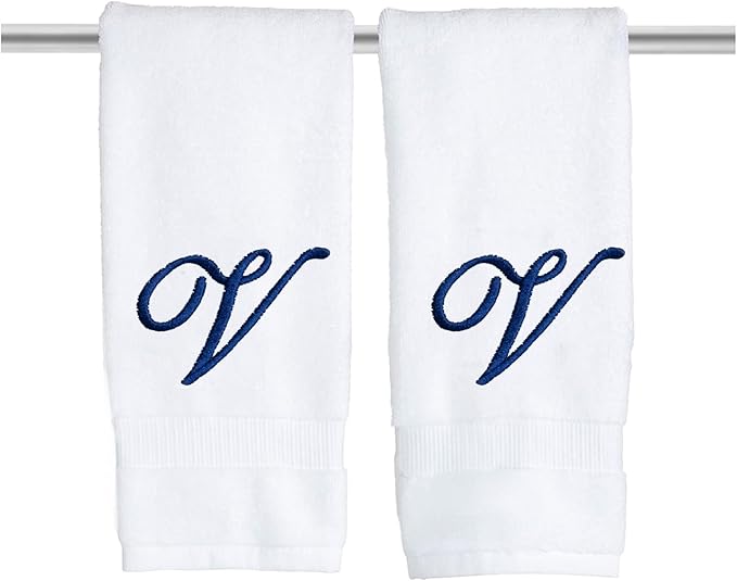 White Monogrammed Hand Towels for Bathroom - Luxury Hotel Quality Personalized Initial Embroidered Towel for Powder Room, Spa - GOTS Organic Certified - Set of 2 Navy Letter V