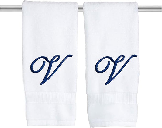 White Monogrammed Hand Towels for Bathroom - Luxury Hotel Quality Personalized Initial Embroidered Towel for Powder Room, Spa - GOTS Organic Certified - Set of 2 Navy Letter V