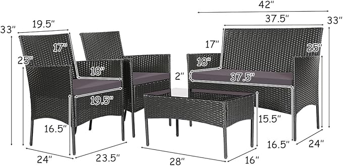 Tangkula 8 Pieces Patio Furniture Set, Outdoor Wicker Conversation Set with Tempered Glass Tabletop, Rattan Sofa and Chairs Set with Off White & Grey Cushion Covers