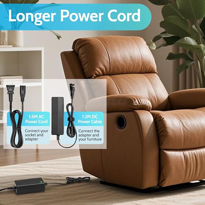 Sopito Recliner Power Supply Universal 29V 2A AC/DC Adapter 100-240V with Longer Power Cord, 2-Pin Switching Transformer, Replacement Part for Recliner Sofa/Lift Chair/Electric Couch/Standing Desk