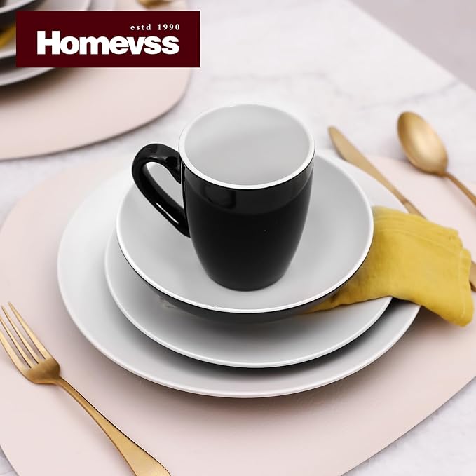Stoneware Two-Tone Colors Life 16pc Dinner Set，Outside Shiny Black + Inside Matte Glaze Off White Cream color
