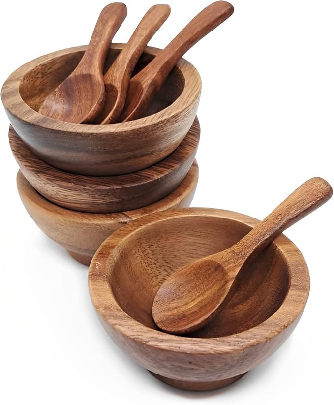 Set of 4 Small Round Acacia Wooden Bowls 2⅞ Inch Diameter With Spoons - Stackable Mixing Bowl for Salad Soup Snack Salsa Dip Sauce Charcuterie Wood Tableware Sets for Decor and Serving