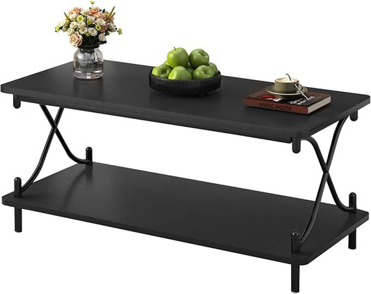 VECELO 39-Inch Coffee Table with Storage and Open Shelves for Living Dining Room, Modern Rectangle & Industrial Design, X-Shape Frame, Black
