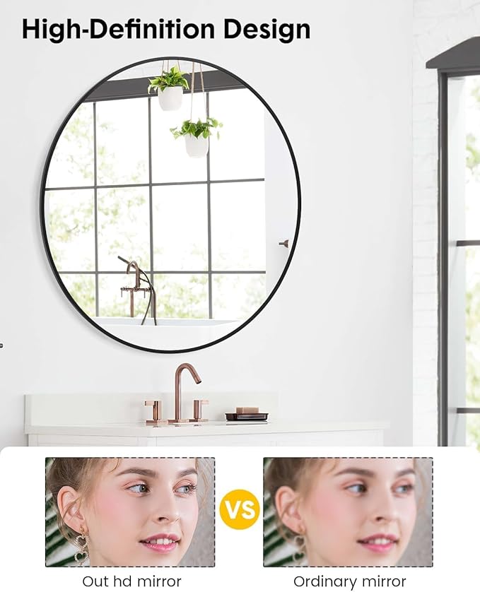 24 Inch Black Circle Wall Mirror, Modern Round Metal Framed Mirror for Bathroom, Entryway, Living Room, Bedroom, Dining Room, Hallway, Decorative Home Décor, Easy Mount