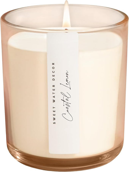 Sweet Water Decor Coastal Lemon Scented Candles – Soy Candles with Lemon, Sea Salt, Jasmine & Driftwood – Summer Cozy Aroma – 50 Hour Burn – 12oz Tinted Glass Jar for Home Decor and Bedroom Décor