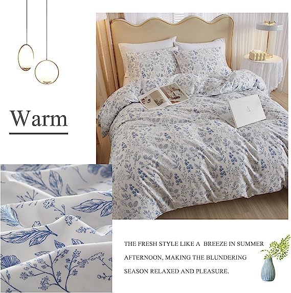 LifeTB Cotton Floral Duvet Cover Twin XL White Blue Floral Print Bedding Sets Vintage Boho Floral Comforter Cover Cottagecore Bedding Set Aesthetic Botanical Flower Duvet Cover with Zipper Closure