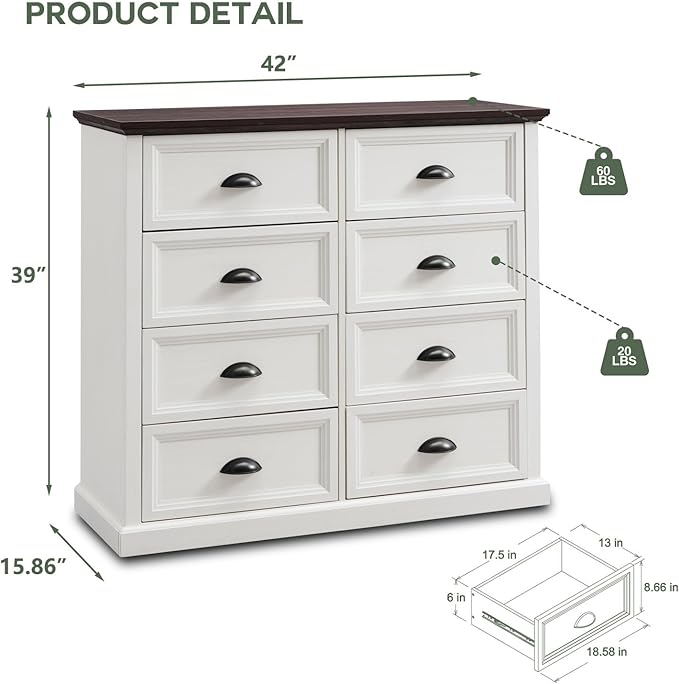 Farmhouse 8 Drawer Dresser for Bedroom, 39" Tall Dressers & Chests of Drawers, 42" Wide Dressers Organizer Storage, Wood Rustic Bedroom Dresser for Closet, Living Room, Hallway, White