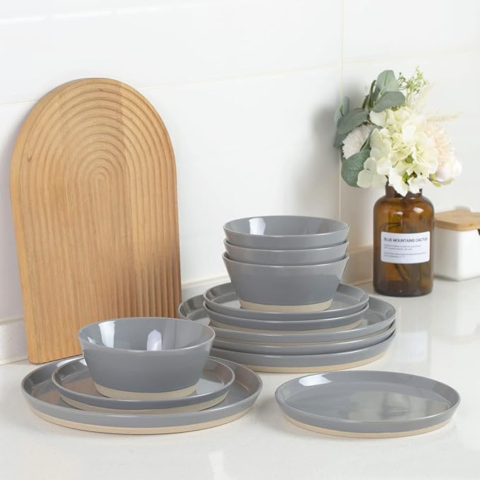 Famiware Saturn Dinnerware Set with Pasta Bowl, 16 Pieces Dish Set, Plates and Double Bowls Sets for 4, Chip and Scratch Resistant, Microwave and Dishwasher Safe Tableware, Dark Gray