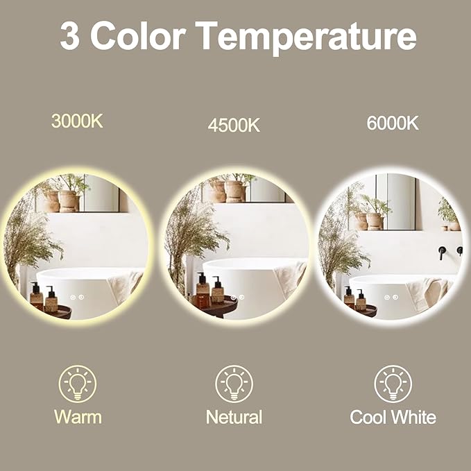 24 Inch Round LED Bathroom Mirror Backlit Anti-Fog 3 Colors Light Dimmable Wall Mounted Lighted Bathroom Vanity Mirror Smart Makeup Mirror with Touch Switch