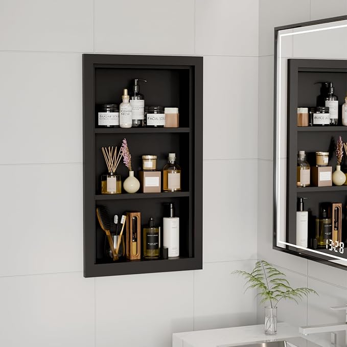 Solid Wood 14 X 24 Recessed Medicine Cabinet,3-Tier, Medicine Cabinet Organizer,Wall Niche, Bathroom Wall Cabinet, Recessed Bathroom Cabinet,recessed Wall Cabinet, Black