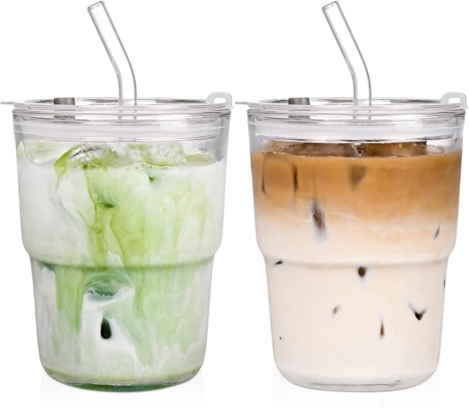 AUFXKOO13oz Glass Tumbler with Straw and Lid，2 Pack Iced Coffee Cups with lids Reusable,Glass to go Coffee Cup,Glass Cups with Lids for Drinking Matcha, Coffee, and Juice.
