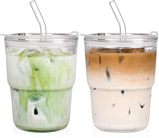 AUFXKOO13oz Glass Tumbler with Straw and Lid，2 Pack Iced Coffee Cups with lids Reusable,Glass to go Coffee Cup,Glass Cups with Lids for Drinking Matcha, Coffee, and Juice.
