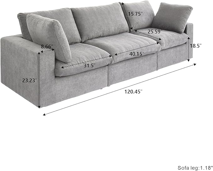 JACH Modular Sectional Couch for Living Room, Modern Convertible Couches, 3 Seats Soft Cloud Couch, Cushion Covers Removable, Modular Sectional Sofas for Living Room Apartment, (Grey)