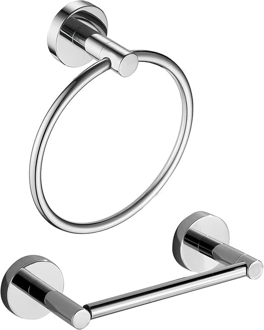 Chrome Toilet Paper Holder Towel Ring,Bathroom Hardware Set,Hand Towel Holder Wall Mount Tissue Roll Holder with Double Post Bath Accessories SUS304 Stainless Steel 2pc