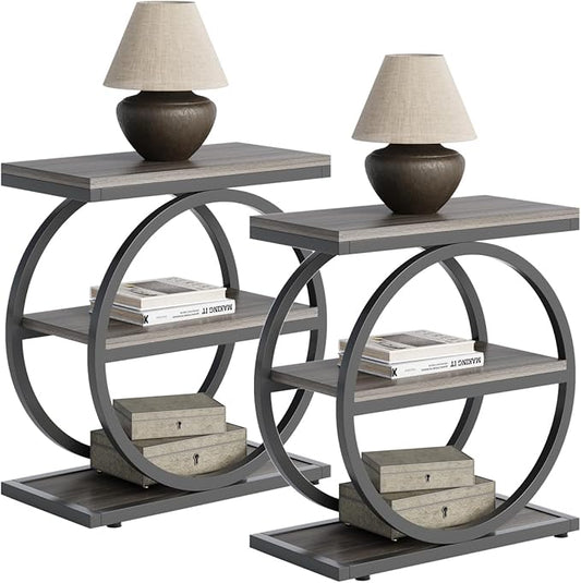 LITTLE TREE End Table Set 2, Side Table with 3 Tiers Shelves, Slim Sofa Side Table for Living Room, Tall Bedside Table Nightstand for Bedroom, Grey and Black