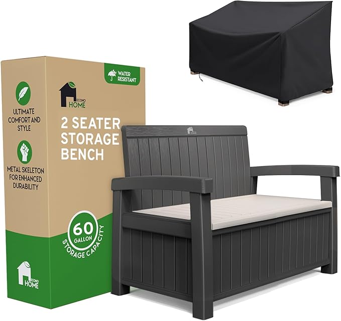EconoHome 2 Seat Outdoor Storage Bench with Rain Cover - 60 Gallon Capacity - Weatherproof Resin Bench for Patio, Porch, Garden, Yard, Pool Area - Furniture for Pool Accessories, Gardening Tools