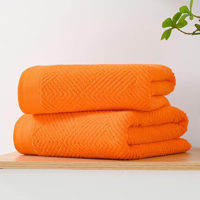 sense gnosis Super Soft Orange Bath Towels Terry Striped Weave Pattern Ultra Absorbent 100% Cotton Towel for Bathroom(27 X 55 Inch), 2 Pieces