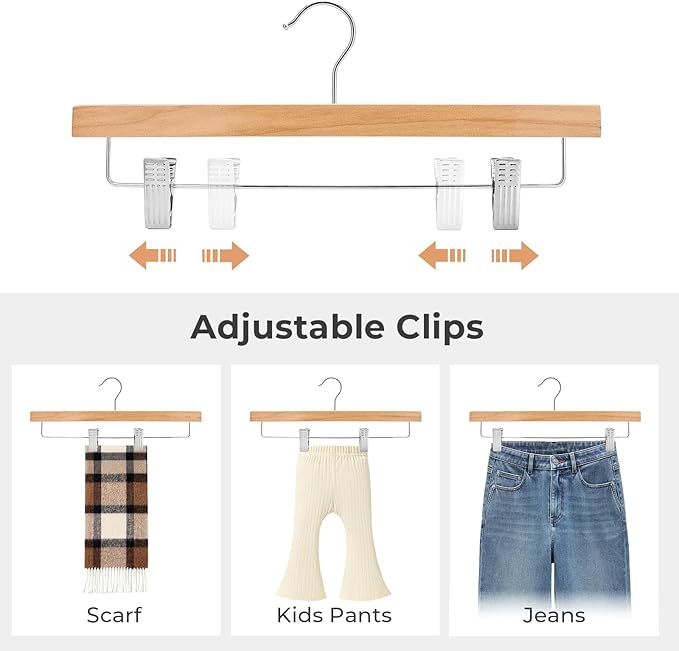 HOUSE DAY Premium Wooden Pants Hangers 100 Pack, Solid Lotus Wood Skirt Hangers with 2-Adjustable Clips, Heavy Duty & Anti Slip Wood Bottom Hanger for Slacks, Jeans, Trousers, Shorts (Natural)