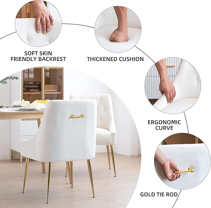 Modern Dining Chairs Set of 4, Mid Century Chairs with 5.12” Cushions and Golden Legs, Velvet Upholstered Dining Chairs with Back Pull Rod, for Kitchen, Living Room (Beige)