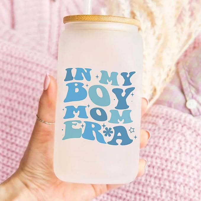 Gifts For Boy Mom, Boy Mom Gifts For Mom, New Mom, Gifts For a Mom of Boys, 16oz Glass Cup with Lid and Straw, Birthday Gifts For Pregnant Mom, Expecting Mom, Mama, Mom To Be