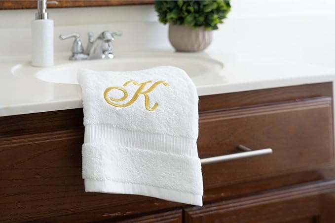 White Monogrammed Hand Towels for Bathroom - Luxury Hotel Quality Personalized Initial Embroidered Towel for Powder Room, Spa - GOTS Organic Certified - Set of 2 Gold Letter K