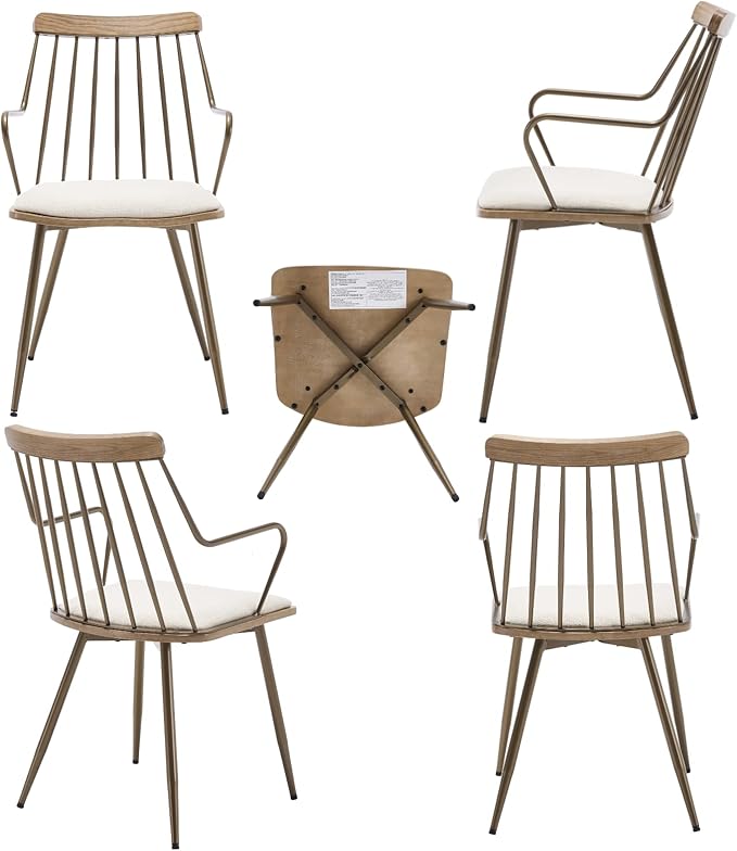 Modern Dining Chairs Set of 6, Upholstered Dining Chairs with Metal Leg, Wood Kitchen Chairs with Fence-Like Back and Curved Arm for Dining Room Kitchen Restaurant Reception (Beige)
