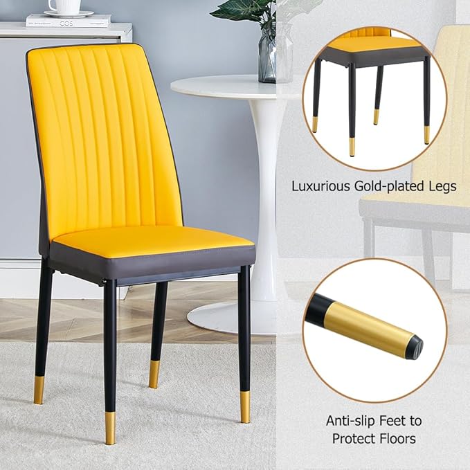 Modern Dining Table Set for 6, Marble Kitchen Table Chair Set for 6, Rectangular Kitchen Table with 6 Pu Leather Upholstered Chair for Dining Room (Black, Yellow)