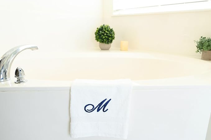 White Monogrammed Hand Towels for Bathroom - Luxury Hotel Quality Personalized Initial Embroidered Towel for Powder Room, Spa - GOTS Organic Certified - Set of 2 Navy Letter M