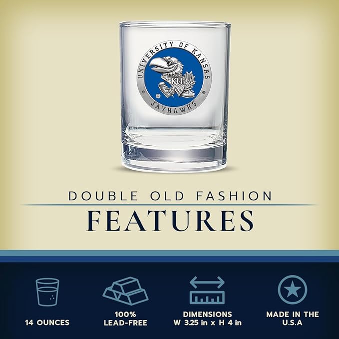 Heritage Pewter Kansas Jayhawks Double Old Fashion | Double Rocks Glass 14 OZ for Liquor | Expertly Crafted Pewter Glass