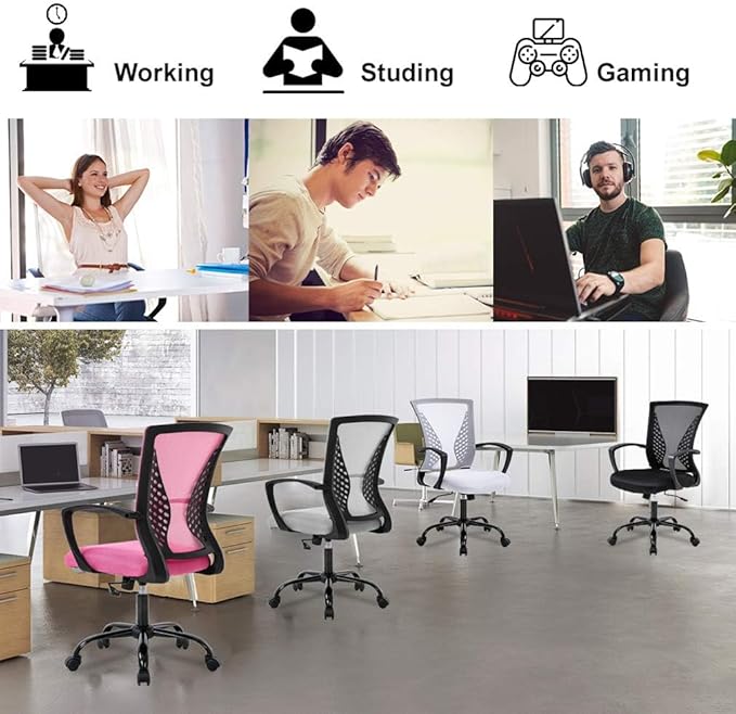 Mesh Office Chair Ergonomic Desk Chair Computer Chair with Lumbar Support Armrest Rolling Swivel Task Mid Back Adjustable Chair for Adults, White