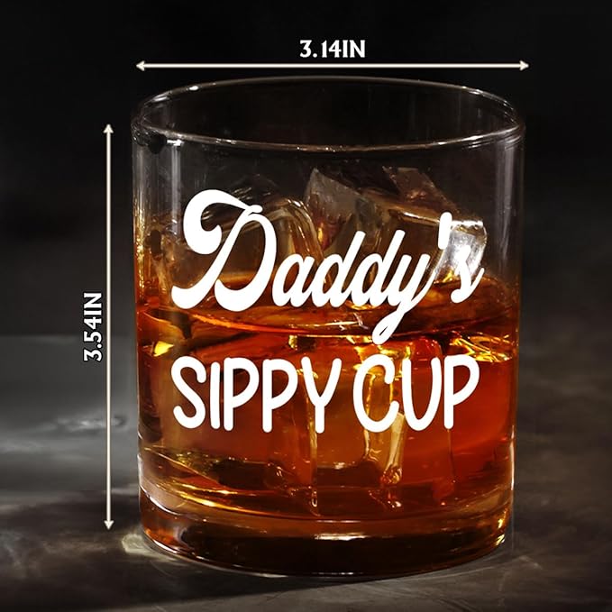 DOPTIKA Christmas Birthday Gifts For Dad, Husband Gift From Wife, 11 Oz Old Fashioned Glass For Men, Funny Gag Gifts For Men, Daddy's Sippy Cup Whiskey Glass, New Dad Gift
