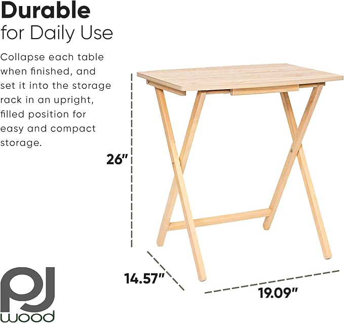 PJ Wood 5 Pack XL Oversize Tray Table for Living Room or Kitchen, Indoor TV Tray for Small Spaces and Family Gatherings, Natural Wood