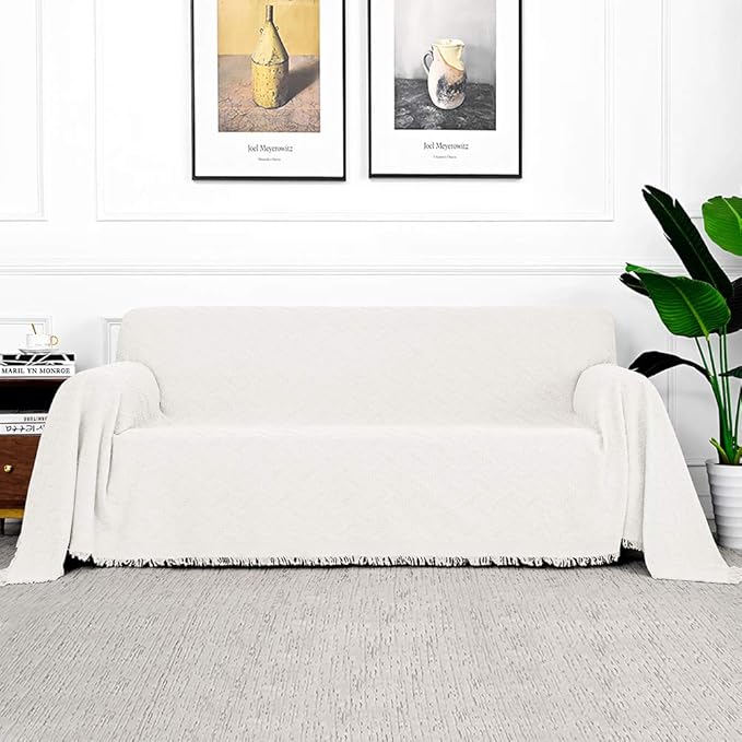 MYSKY HOME White Sofa Covers for 3 Cushion Couch Geometrical Living Room Sofa Throws Sofa Slipcovers for Pets, Kids (XX-Large, 91" x 134", White)