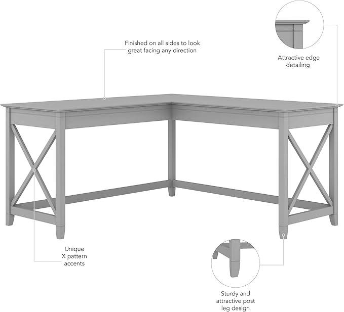 Bush Furniture Key West 60W Modern Farmhouse L Shaped Desk in Cape Cod Gray, 60-Inch Corner Computer Table for Home Office Workspace