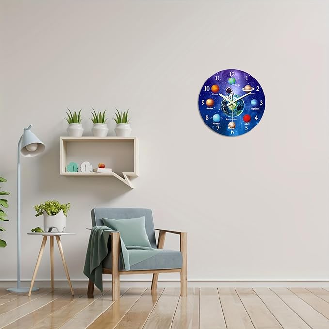 Silent Wall Clock Non Ticking 14 Inch Decorative Wall Clocks Battery Operated Blue Glow in The Dark Clock for Teen Bedroom
