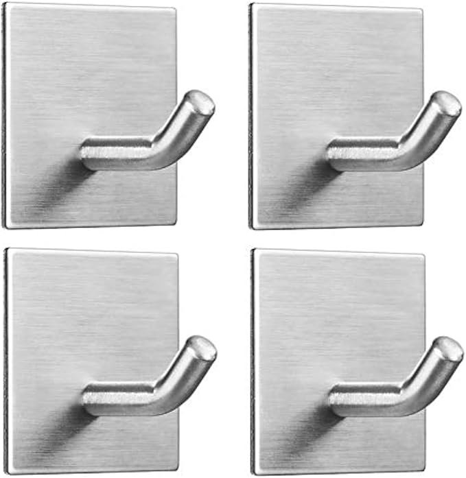 Heavy Duty Adhesive Hooks, Stick on Wall Adhesive Hangers, Strong Stainless Steel Holder, Self Adhesive Hooks for Kitchen Bathroom Home Door Towel Coat Key Robe 4 Packs Silver