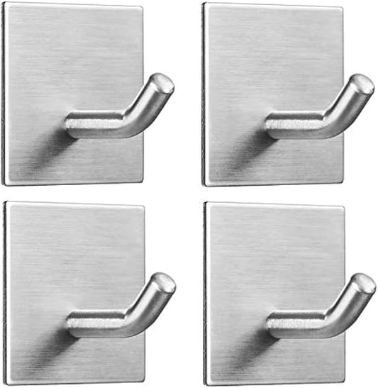 Heavy Duty Adhesive Hooks, Stick on Wall Adhesive Hangers, Strong Stainless Steel Holder, Self Adhesive Hooks for Kitchen Bathroom Home Door Towel Coat Key Robe 4 Packs Silver