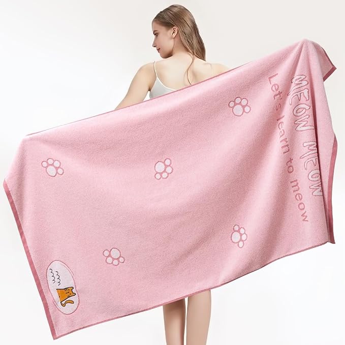 Ultra Soft Cotton Cat Bath Towel - Large 59x29 Meow Print & Cat Paw, Quick Dry Absorbent,for Shower, Beach, Pool & Travel. Pink.