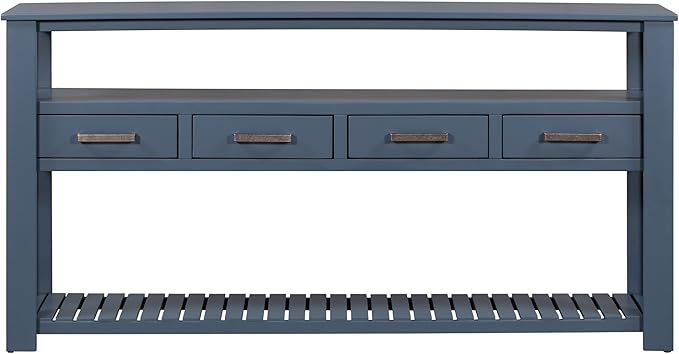 Modern 62'' Console Table Sofa Entryway Table with 4 Drawers and 2 Shelves, Acacia Wood Kitchen Buffet Cabinet Sideboard, Accent Table Furniture for Entryway Kitchen Living Room (Navy Blue-4DE)