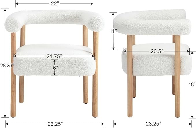 White Boucle Dining Chairs Set of 2, Modern Upholstered Dining Chairs, Curved Backrest Kitchen Dining Room Chairs Accent Chairs Arm Chairs with Natural Wood Legs