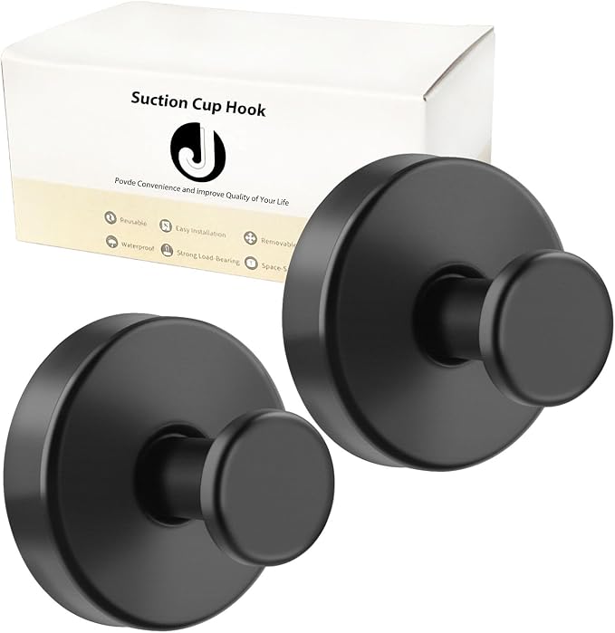 Suction Cup Hooks for Shower, Wreaths Hanger for Glass Door, Heavy Duty Bathroom Towels Hooks inside Shower, Stainless Steel, No Drill on Marble Mirror Tile Wall in Bedroom Kitchen (2, Black)