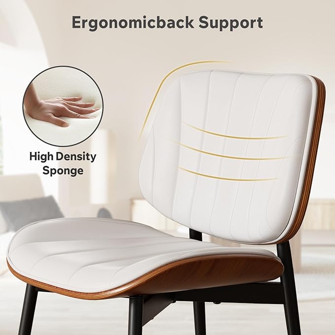 Dining Chairs Set of 6, Mid Century Modern Dining Room Chair, Upholstered Faux Leather Kitchen Chairs with Walnut Bentwood Back and Metal Legs for Kitchen Dining Room Living Room, White