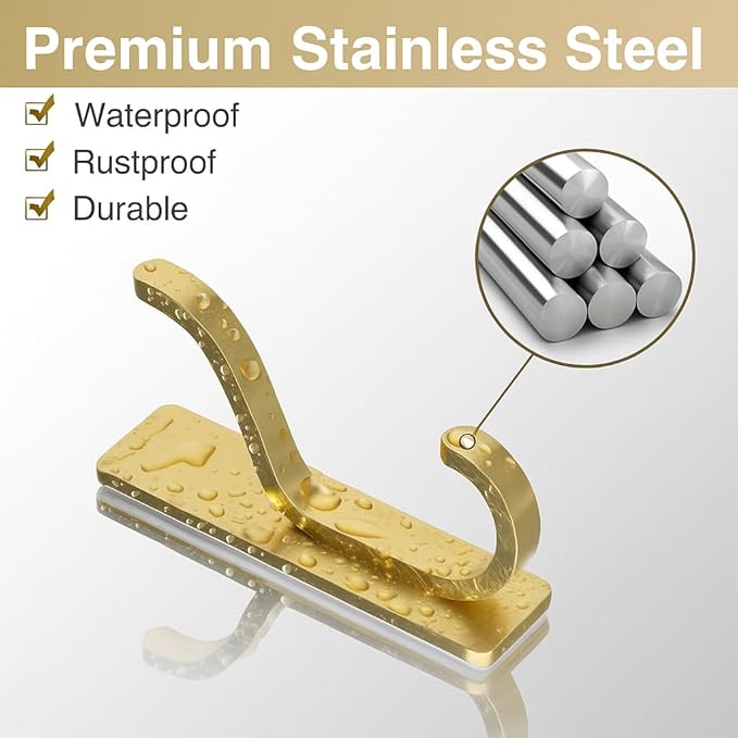 pickpiff 10-Pack Adhesive Wall Coat Hooks - Heavy Duty Stick-On Door Hanger, Metal Hook for Hanging Towel,Purse, Robe, Backpack, Jacket, Clothes - for Bathroom,Dorm, Closet, Kitchen - Brushed Gold