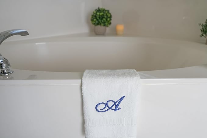 White Monogrammed Hand Towels for Bathroom - Luxury Hotel Quality Personalized Initial Embroidered Towel for Powder Room, Spa - GOTS Organic Certified - Pack of 2 Navy, Letter A