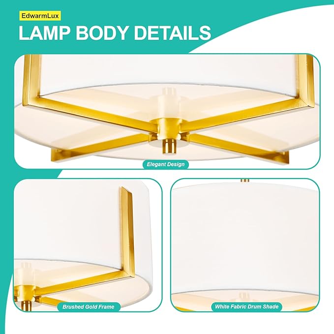 3-Light Semi Flush Mount Ceiling Light Fixture, 13.7" Gold Drum Light with White Fabric Shade, Modern Close to Ceiling Lamp for Living Room Bedroom Dining Room Kitchen Hallway Entry Foyer