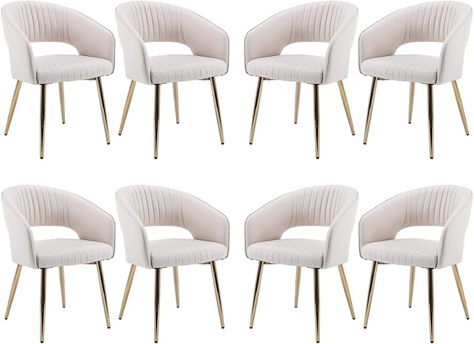 Modern Dining Chairs Set of 8, Upholstered PU Leather Gold Dining Room Chairs with Hollow Back, Accent Armrest Kitchen Chairs with Gold Legs for Living Room Cream
