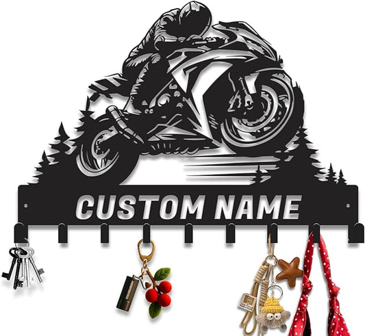Personalized Motorcycle Metal Key Holder, Custom Last Name Metal Wall Sign, Hanging Storage Rack for Garage and Home Decor (Style-4)